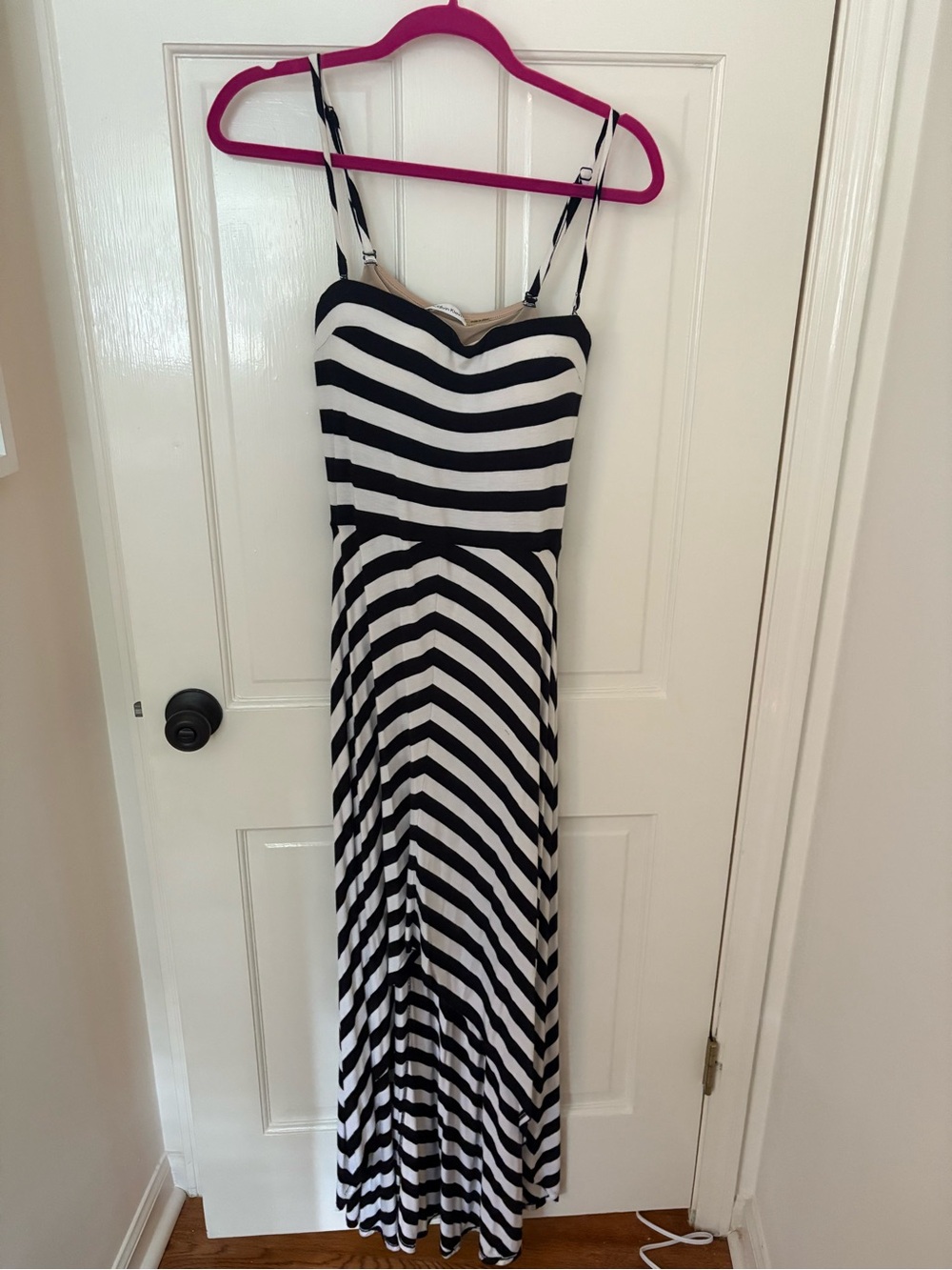 Calvin Klein Black & White Striped High-Low Maxi Dress